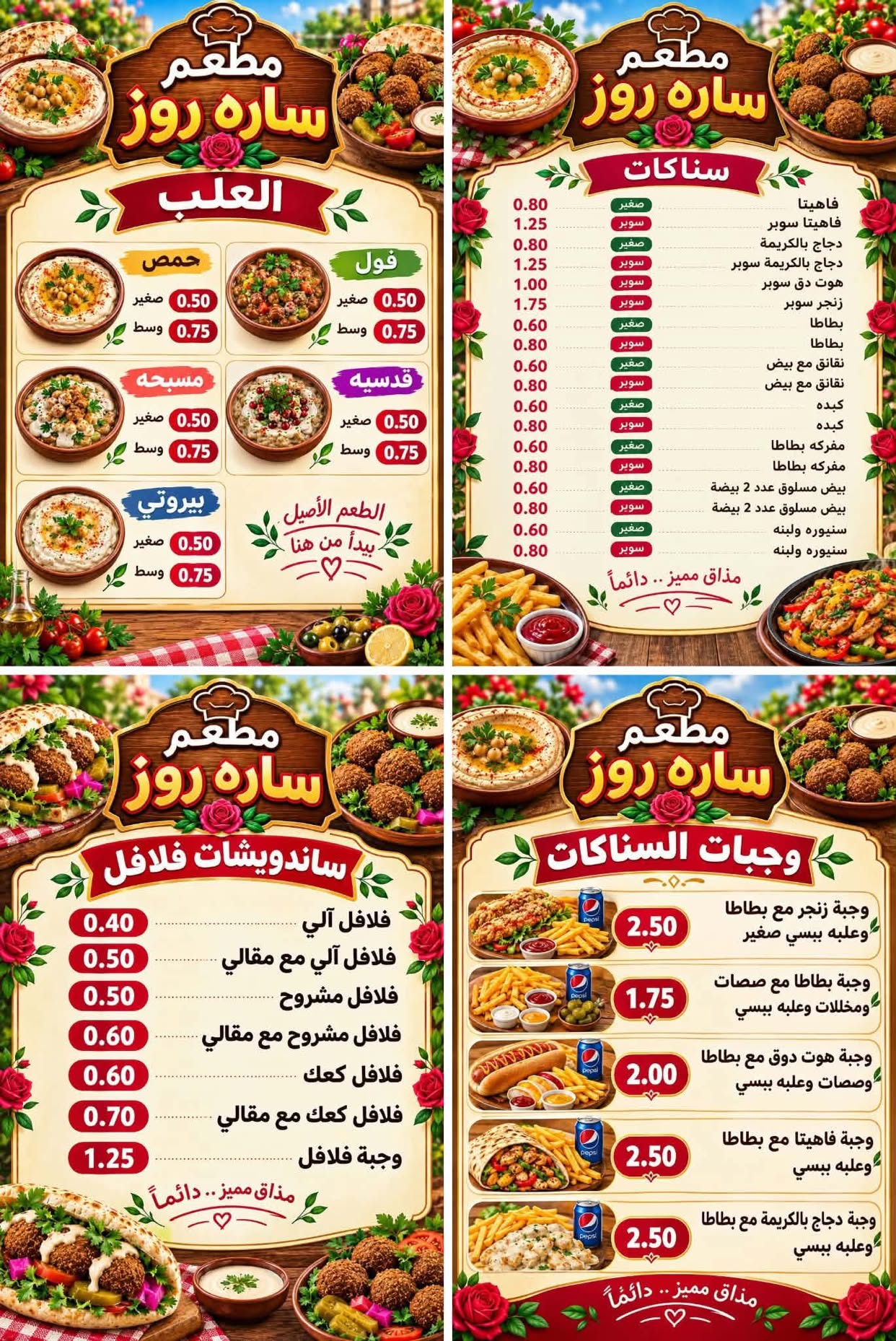 منيو ساره روز الأصلية بأقسام العلب والسناكات والفلافل والوجبات وأسعارها